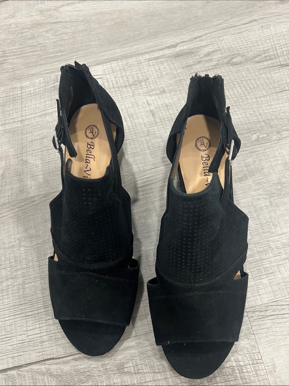 Bella Vita Black Suede Peep Toe Block Heel Sandals
